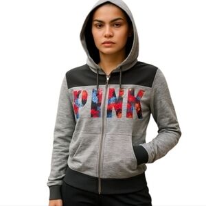 Victoria's Secret Pink Y2K Full Zip Hoodie Gray Marled Soft Tropical Floral Sz M